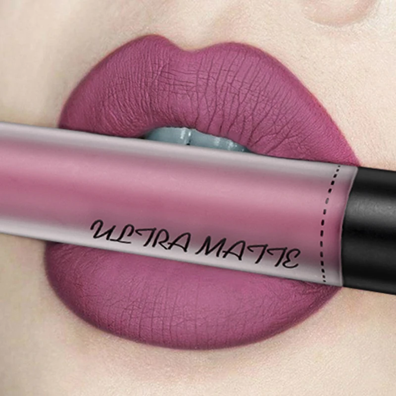 QIBEST Matte Lipgloss Makeup Liquid Lipstick Long Lasting Waterproof Velvet Sexy Red Lip Gloss Black Purple Nued Lip Tint