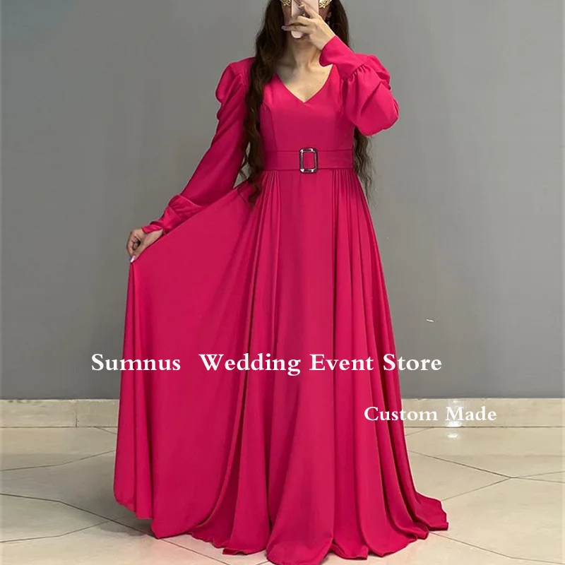 Sumnus Chiffon A Line Evening Dress With Sashes V-Neck Pleats Princess Women Party Prom Gowns Plus Size Custom Made formal gowns