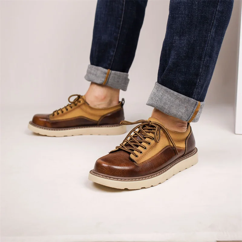 New Men Cow Leather With Canvas Casual Platform Shoes Lace Up Retro Outdoor Men Comfortable Autumn Footwear