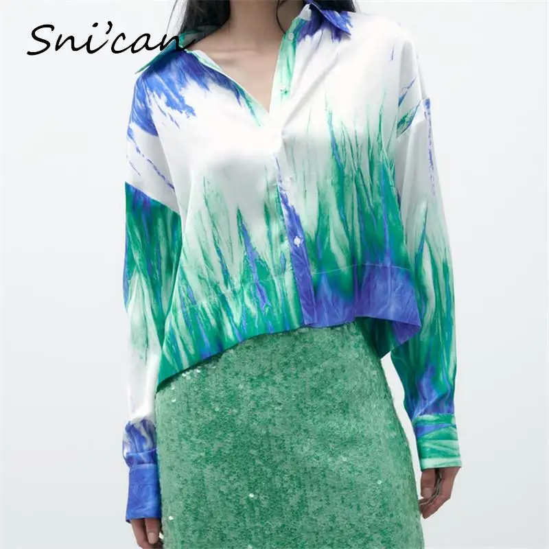 

Blue Tie Dye Satin Women Blouse Fashion Spring Oversize Casual Chic Tops Outwear Short Elegant Office Ladies Shirts Blusas Mujer