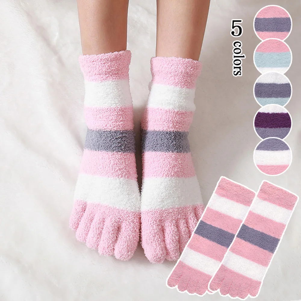 

Women's Thick Five Finger Socks Winter Warm Coral Fleece Fluffy Toe Socks Striped Soft Cozy Hosiery Laides Female Floor Slippers