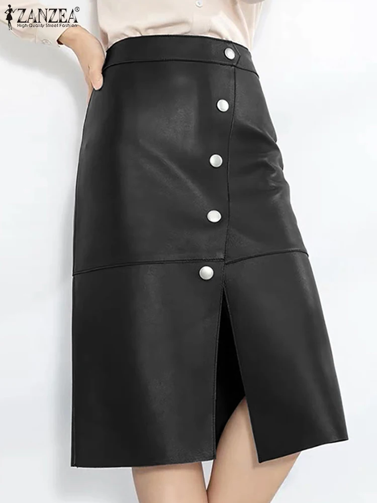 

2023 Autumn Leather Skirt ZANZEA Women PU Fashion High Waist Knee-length Skirts Designer Buttons Faldas Cutting Line Zipper Jupe