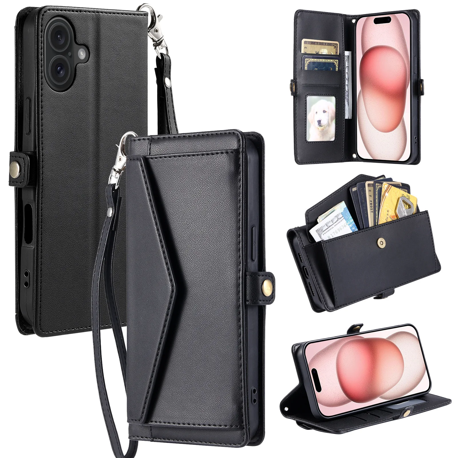 Leather Crossbody Flip Case with Lanyard and 3-Card Wallet Holder
