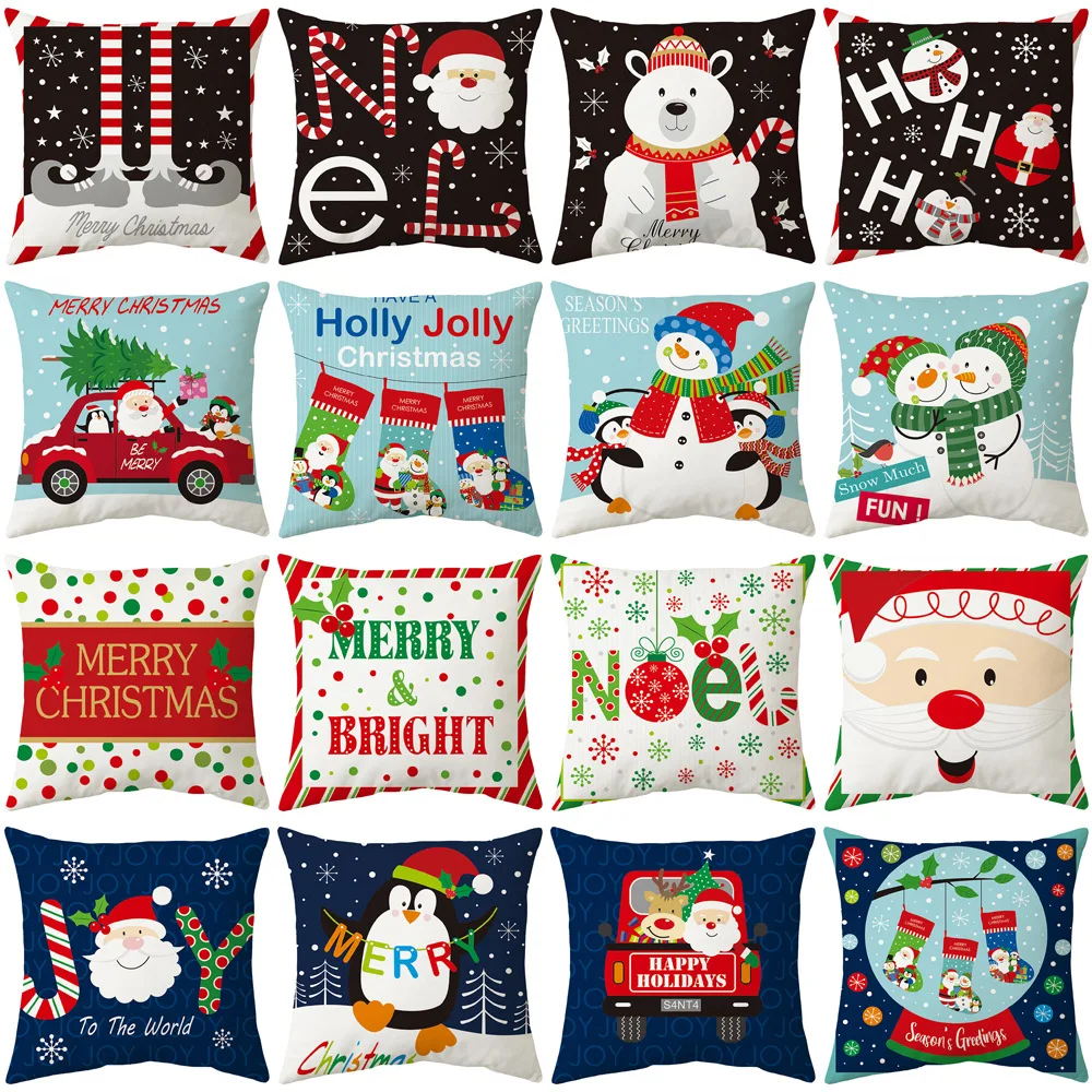 

Merry Christmas Decor Cushion Cover 18x18 Inches Square Pillowcase Cute Cartoon Snowman Santa Claus Pillow Cover Xmas Pillows