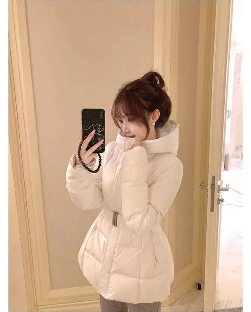 Chic Women's Cotton Padded Jackt with Large Fur Collar Waist-Cinching Mid-Length Parkas Korean Trendy Warm Commute Outerwear