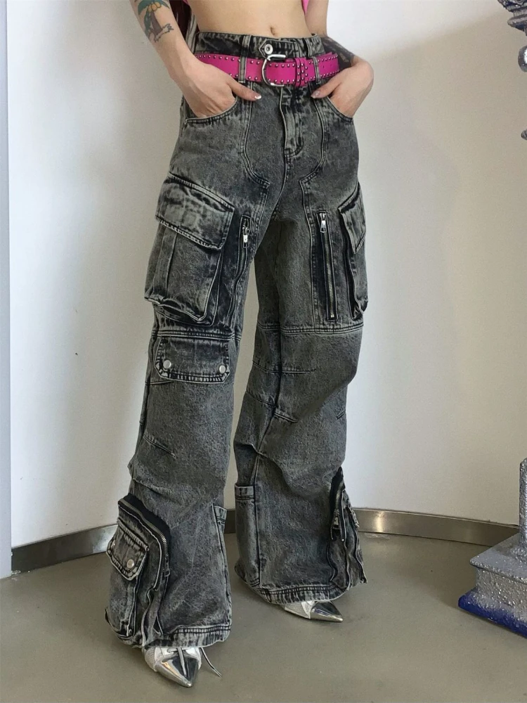 ADAgirl Niche Design Vintage Women's Overalls Multi-pocket Jeans Zipper High Waist Solid Color Personalized Lady Denim Pants