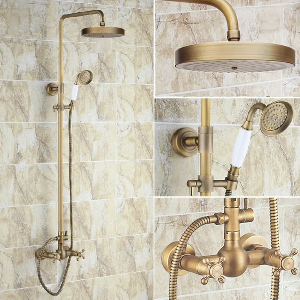 Antique Brass Dual Cross Handles Wall Mounted Bathroom Round Rainfall Shower Faucet Set Bath Mixer Tap ars092