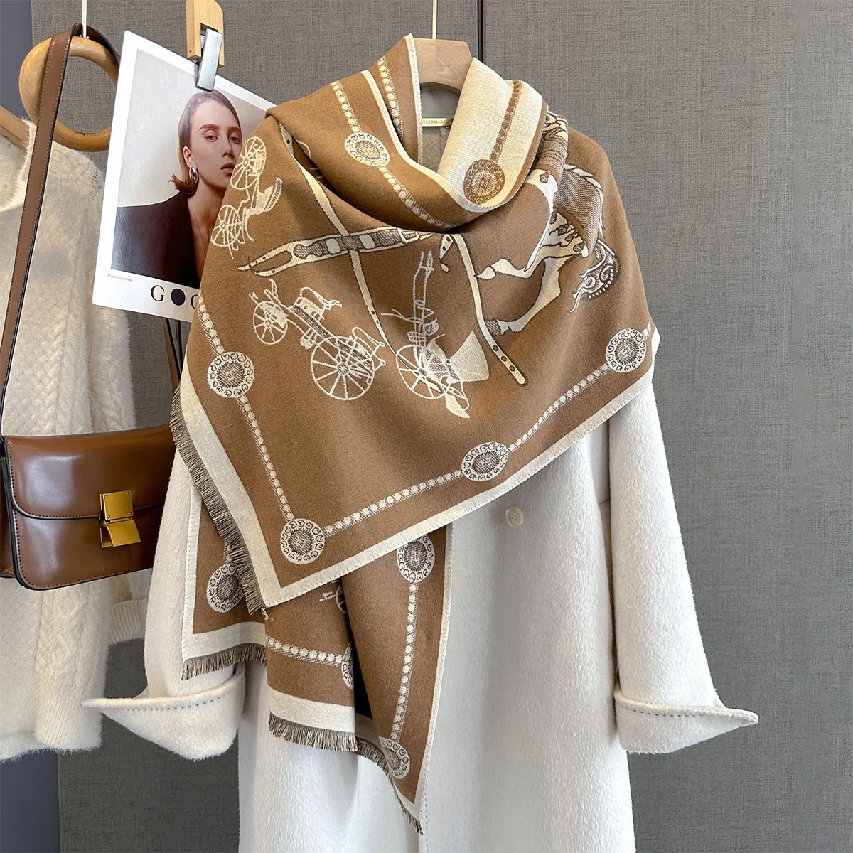 Autumn Winter Pashmina Elegant Horse Print Shawl Wrap Women Luxury Cashmere Scarf Femme Thick Warm Blanket Stoles Long Blanket