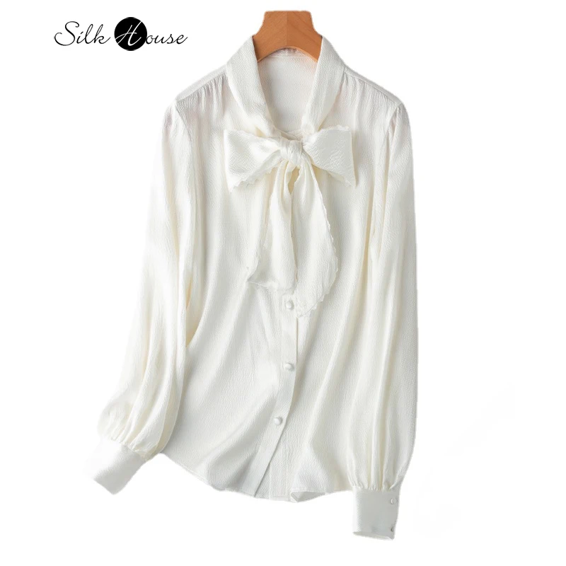 Light Luxury French Natural Mulberry Silk Pearl Satin Lace Edge Ribbon Black/White Two Color Long Sleeved Lantern Sleeve Shirt