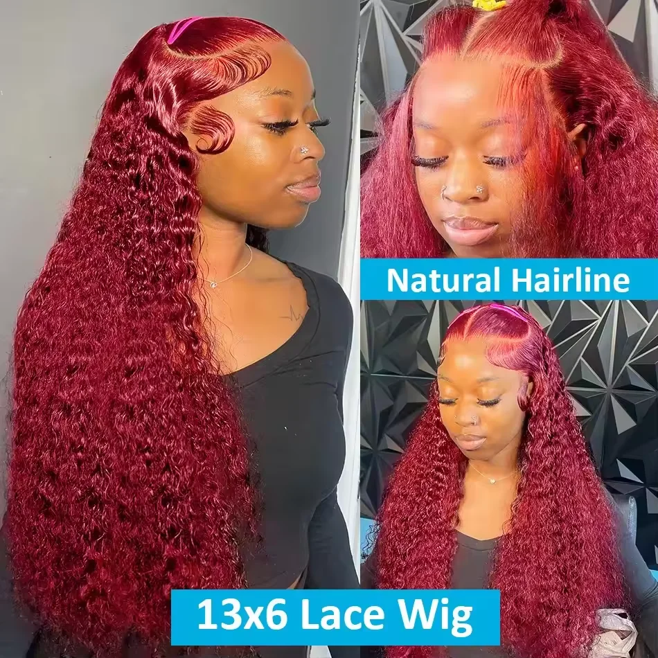 99J Deep Wave Burgundy 13x6 HD Lace Frontal Wig Water Wave 13x4 Red Remy Curly Human Hair Wig Pre Plucked Burmese Colored Hair 4