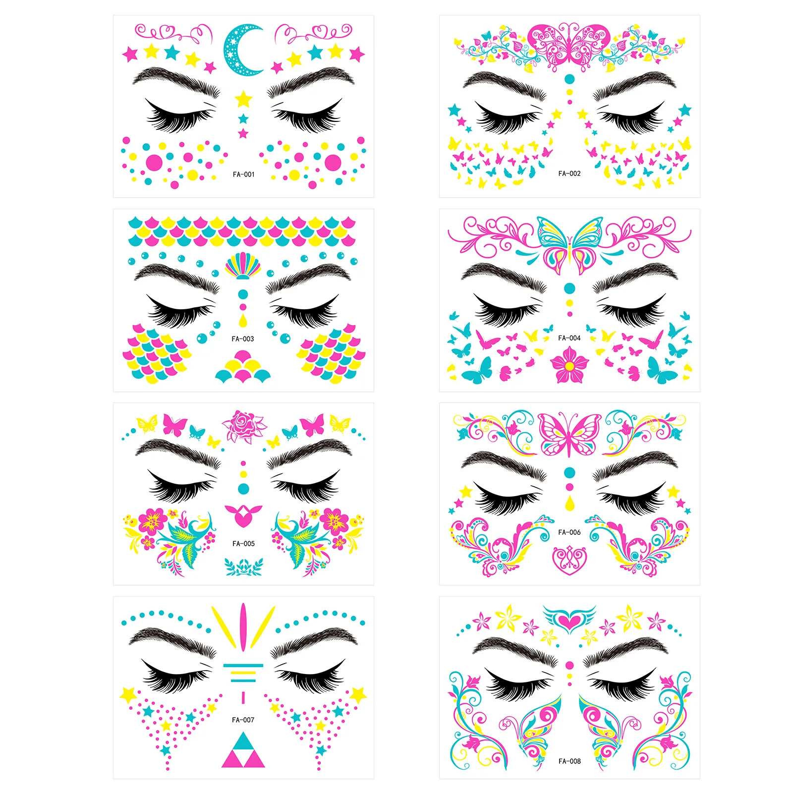 Fluorescent Temporary Tattoos Cute Cartoon Designs Waterproof for Kids Adults Parties Festivals