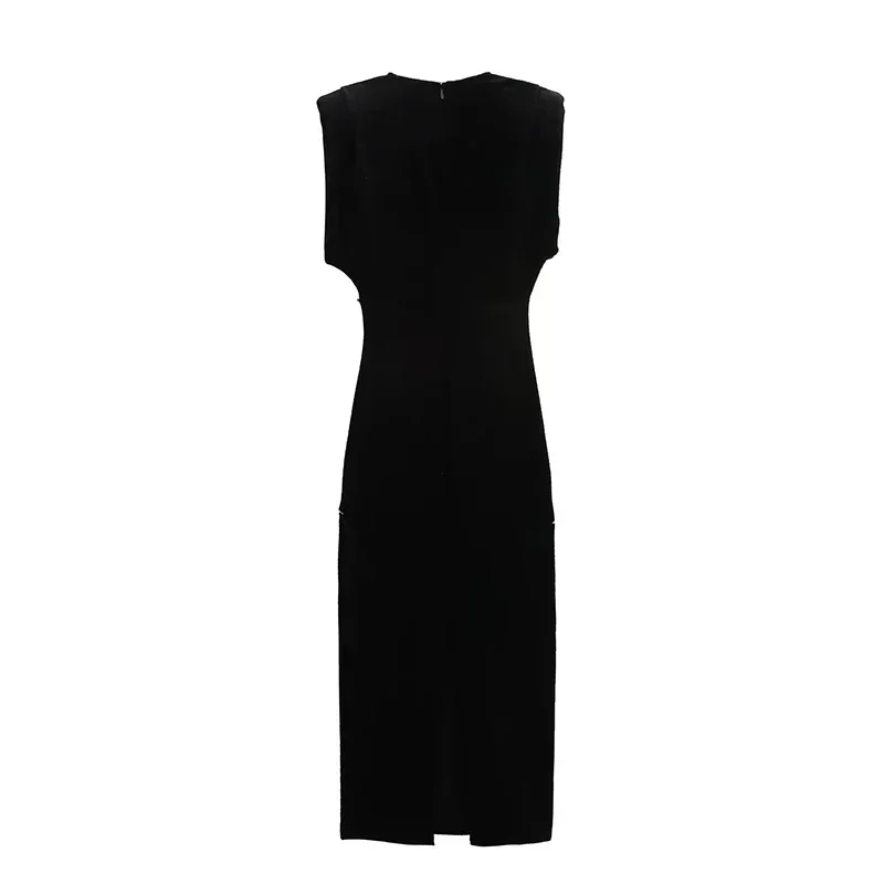 Vestido largo vintage de terciopelo con escote en V para mujer, elegante, sin mangas, plisado, con botones de metal, cintura alta, para fiesta, 2025, vestido de noche para mujer