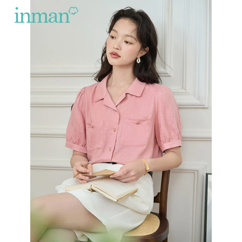 INMAN Women Shirts 2023 Summer Short Sleeves Polo Neck Loose Blouse Pocket Design Casual Official Pink White Tops puma official puma ess headed polo 58851102