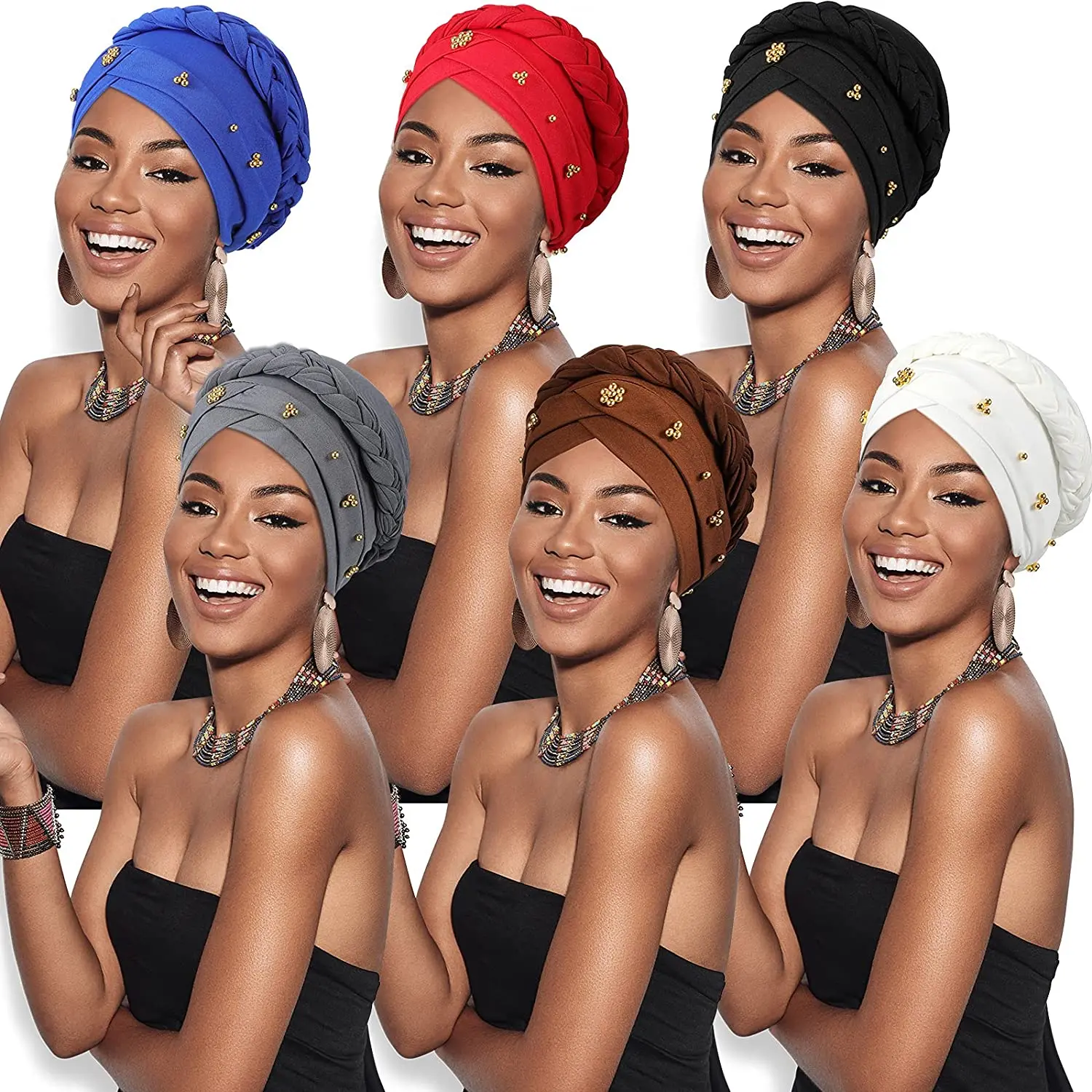 Women African Turban Head Wraps Caps Twisted Braid Knot Pre-Tied Bonnet Beaded Elastic Wrap Cap Headpiece 2