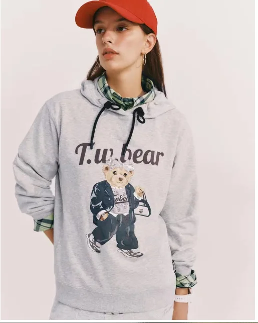 

Bear Print Fashion Hoodies Sweatshirt Full Sleeves Grey Color Loose Casual Tees Tops Clothes OUTWEAR