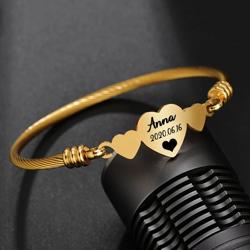 Customized Bracelets Engrave Name Date Logo Bracelet Stainless Steel Three Heart Cuff Bracelet Lady Party Wedding Charm Jewelry solid black real calf leather key bell charm personalization hanging name tag strap for designer lady handbag women bag