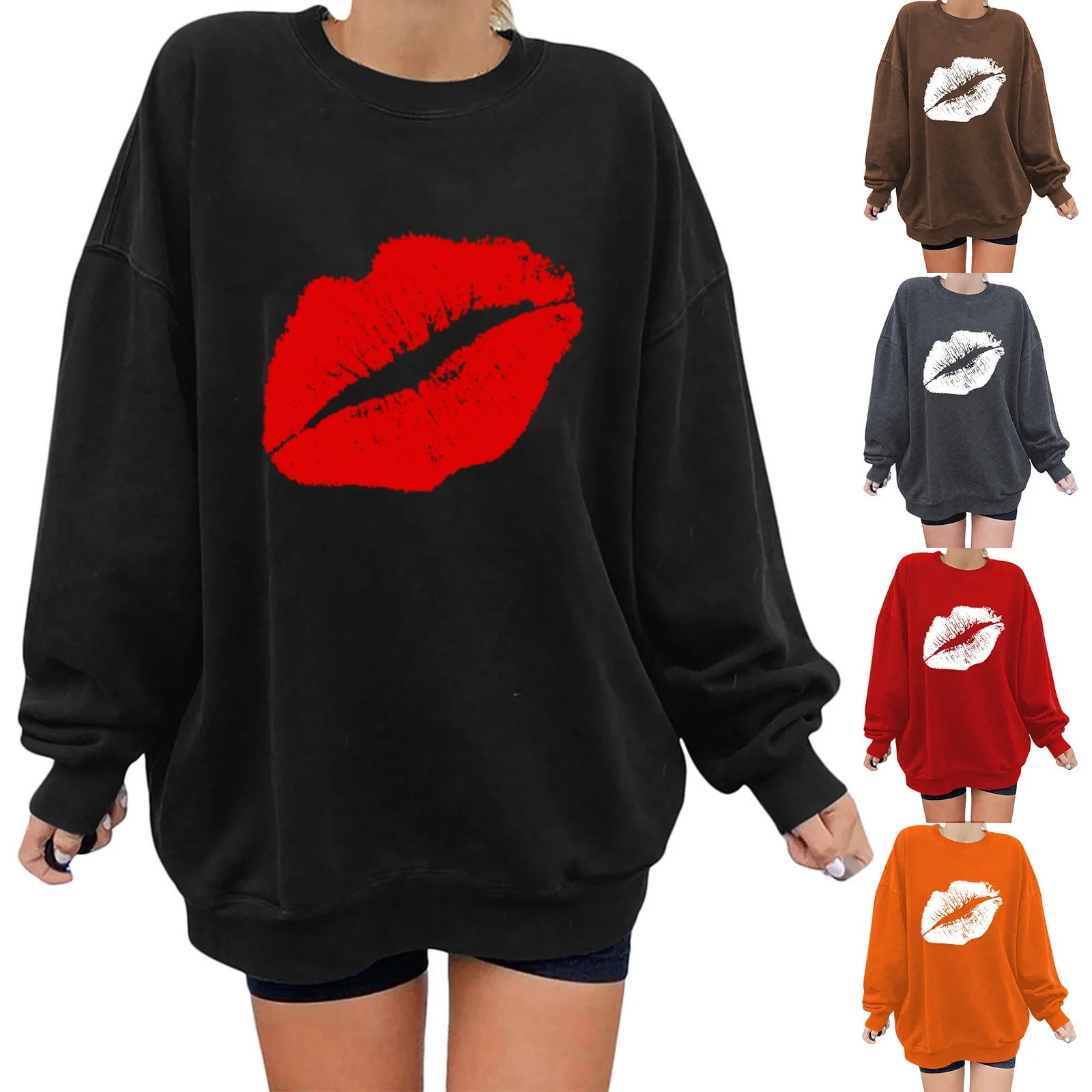 

One shoulder Hoodies Winter Women Printed Big lips Fashion Thick Hoodie Pullover Sweatshirt Couple Women Cheap Loose Clothing