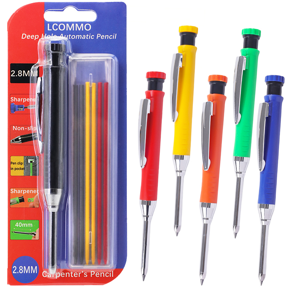 3pcs/pack 2.8mm Carpenter's Pencil Set Deep Hole Marker Pencil With Pen Cap Sharpener Woodworking Tools