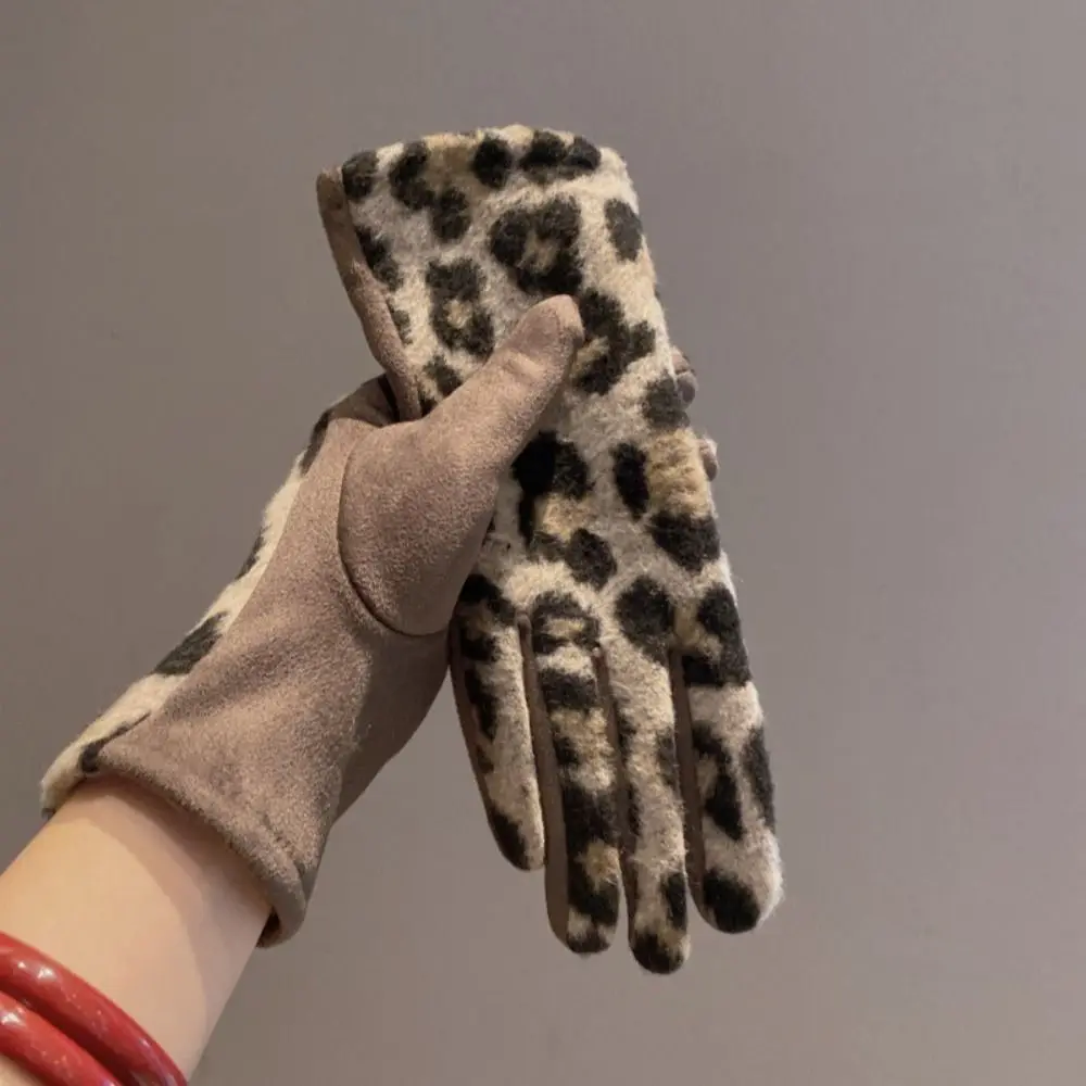 Cashmere Leopard Print Winter Gloves Touch Screen Skiing