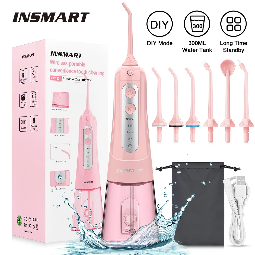 Oral Irrigator 4 Modes Portable Rechargeable Dental Water Jet 6 Nozzles Waterproof 300ML Tank Water Flosser For Teeth Whitening