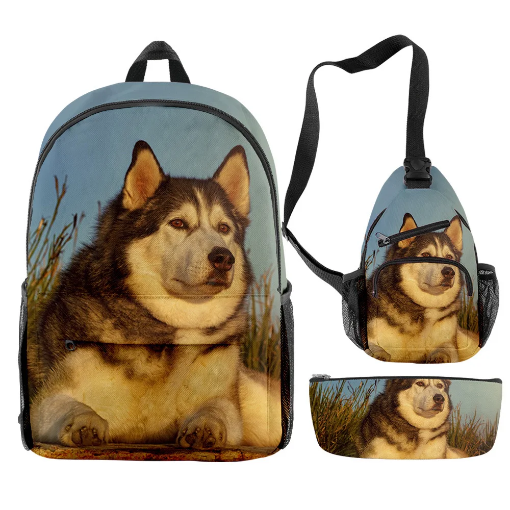 

Fashion Youthful Funny Husky 3pcs/Set Backpack 3D Print Bookbag Laptop Daypack Backpacks Chest Bags Pencil Case