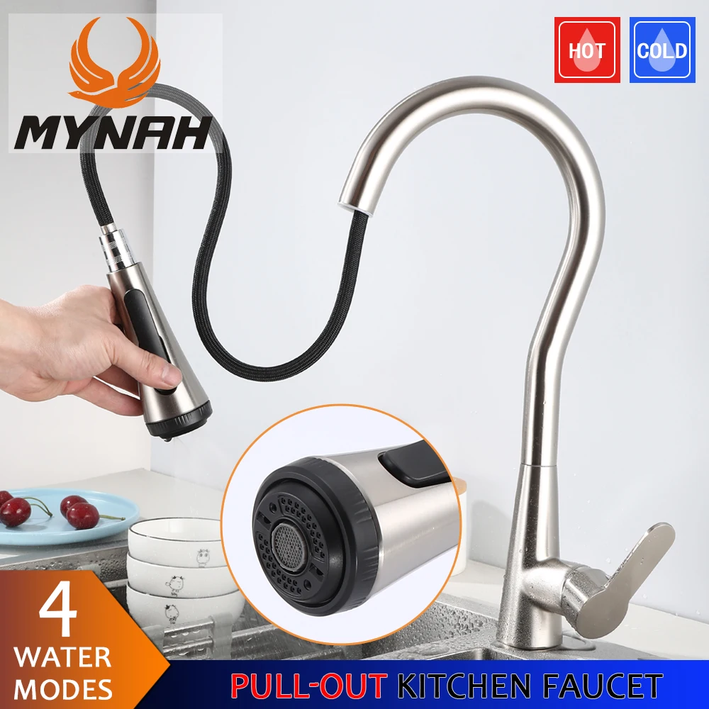 

MYNAH Pull Out Kitchen Faucet Deck Mounted 360 Degree Rotation Nickel Brushed Kitchen Sink Taps Brass Hot & Cold Water Mixer