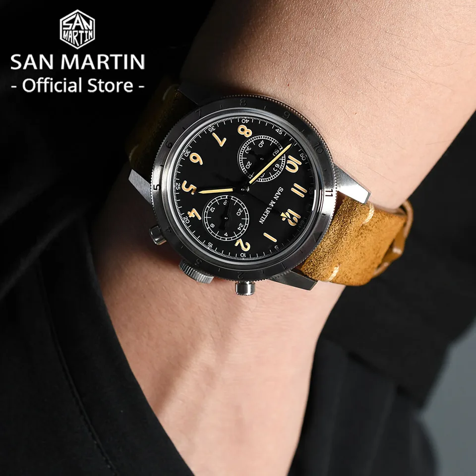 時計 mtoto San Martin Vintage Men Quartz Watch Pilot VK64 Chronograph Watches