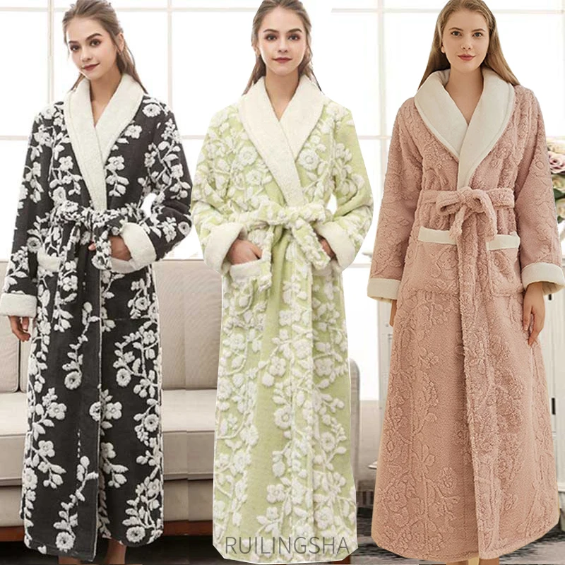 WomenWinterExtraLongJacquardWarmFlannelBathrobePlusSizeCoral