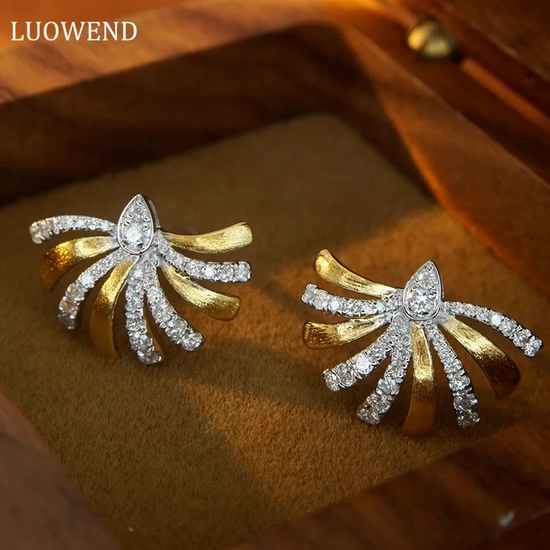 

LUOWEND 18K White and Yellow Gold Earrings Real Natural 0.46carat Diamond Earrings Women Fashion Fan Shaped Design High Jewelry