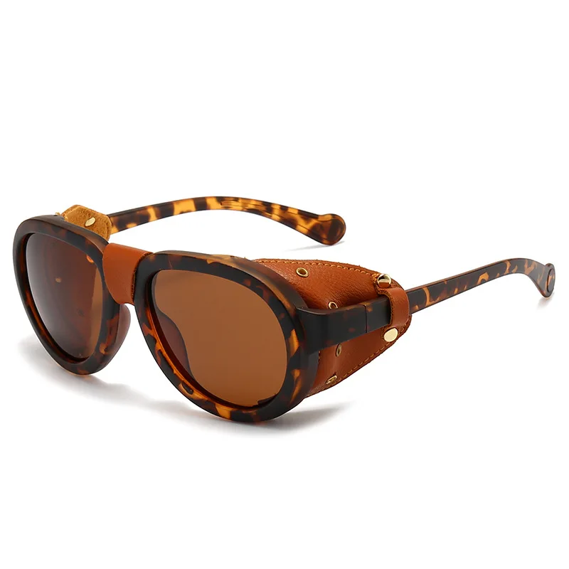 Luxury Oversized Round Steampunk Polarized Sunglasses with Leather Trim