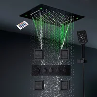 hm High Quality Ceiling Rain Shower System Set Bathroom Waterfall Rainfall LED Showe Head Panel Black Thermostatic Shower Faucet 1