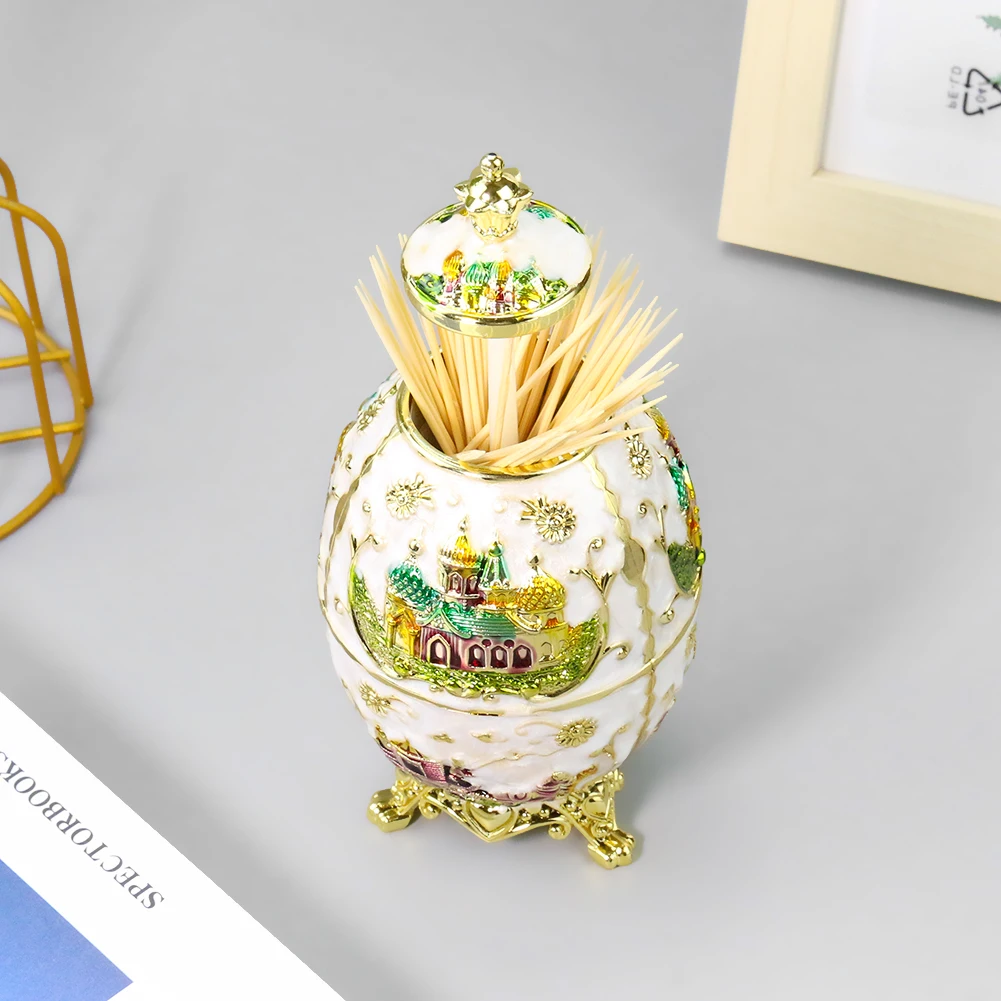 

Retro Court Style Golden Castle Manor Carriage Egg Shape Push Type Toothpick Holder Pop Up Automatically Toothpick Storage Decor