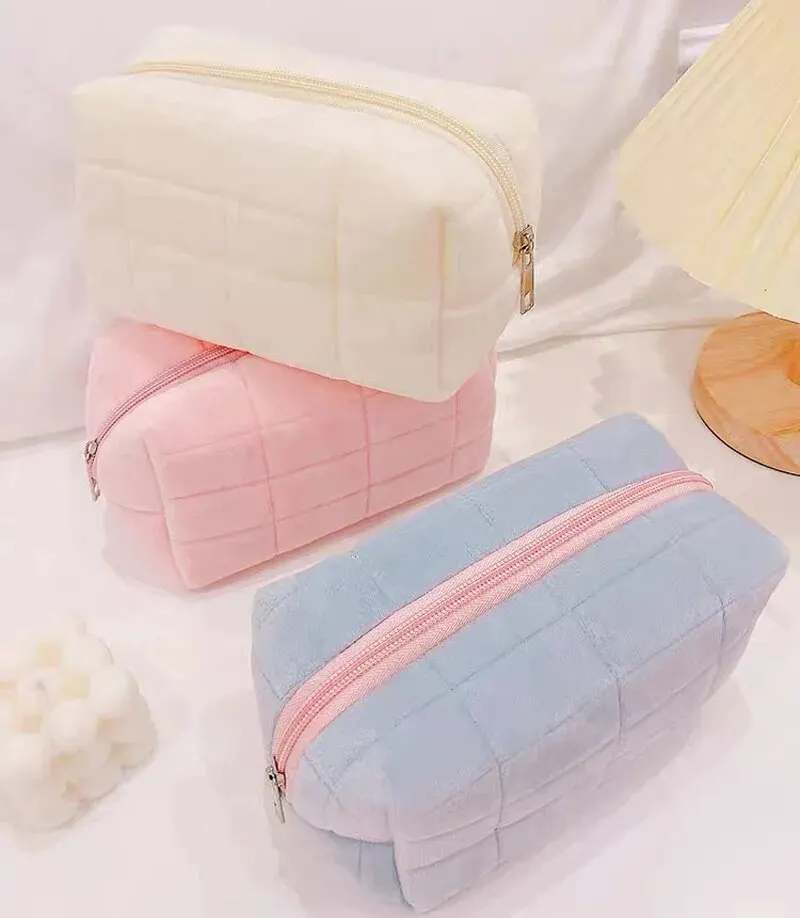 Solid Fur Cosmetic Storage Bag Large Women Zipper Makeup Organizer Handbag Stationery Pencil Case Travel Make Up Toiletry Punch cosmetic bag