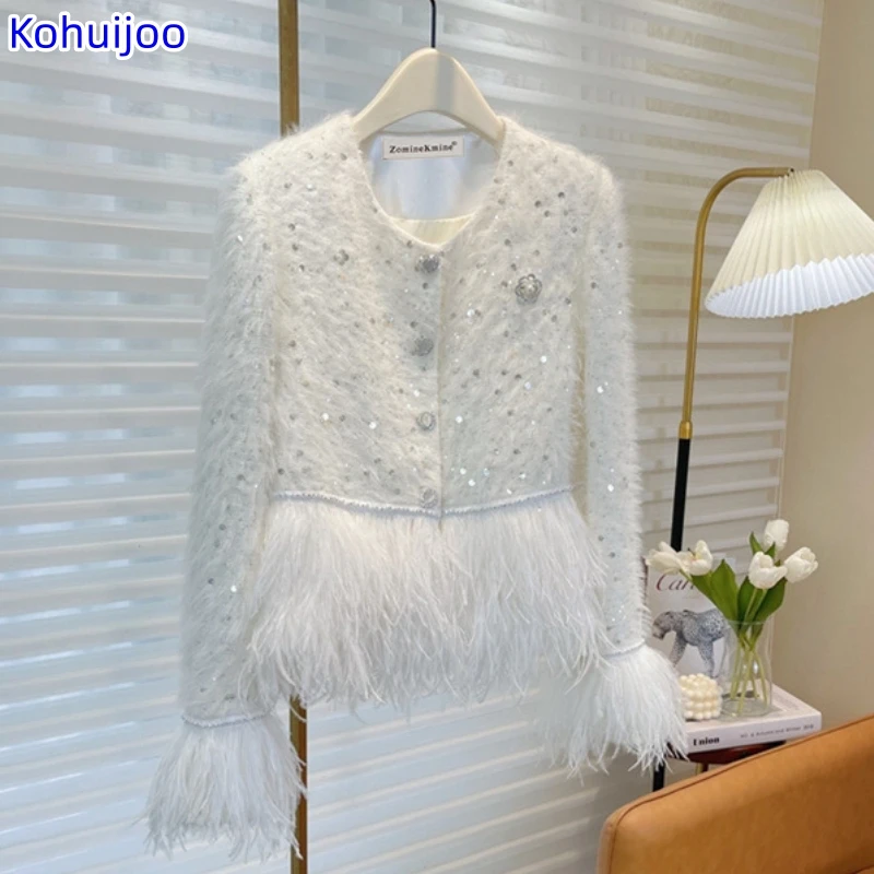 

Kohuijoo Autumn Winter Fashion 2023 Feather Patchwork Design Sequins Jacket Women Long Sleeve luxury Heavy White Coat