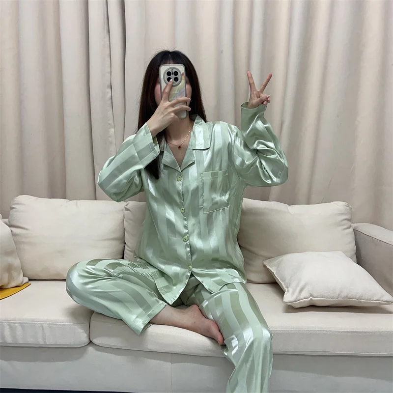 French Smooth Pajamas for Women New Spring and Autumn Sleepwear Long Sleeve Trousers Suit Solid Color Striped luxury Nightwear
