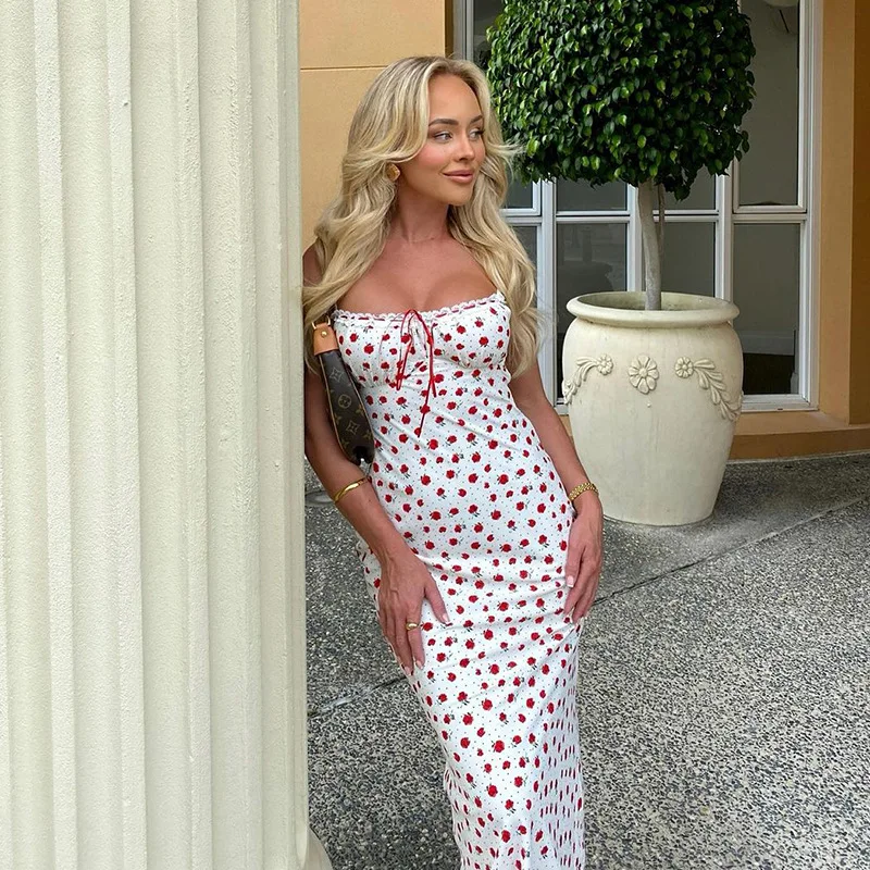 Ruffled Backless Halter Dresses Female Lace Elegant High Waist Spaghetti Patchwork Party Dress Summer Women Maxi Dress New