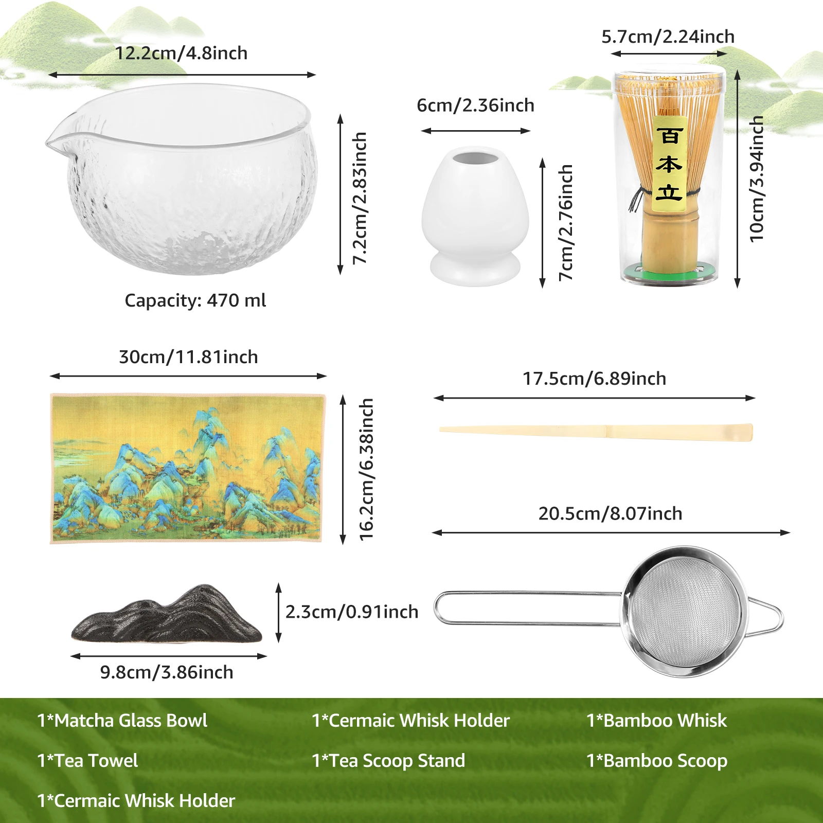 7Pcs Matcha Starter Set Japanese Handmade Matcha Teaset Gift Box with Glass Bowl Bamboo Spoon Ceramic Whisk Holder and Sieve