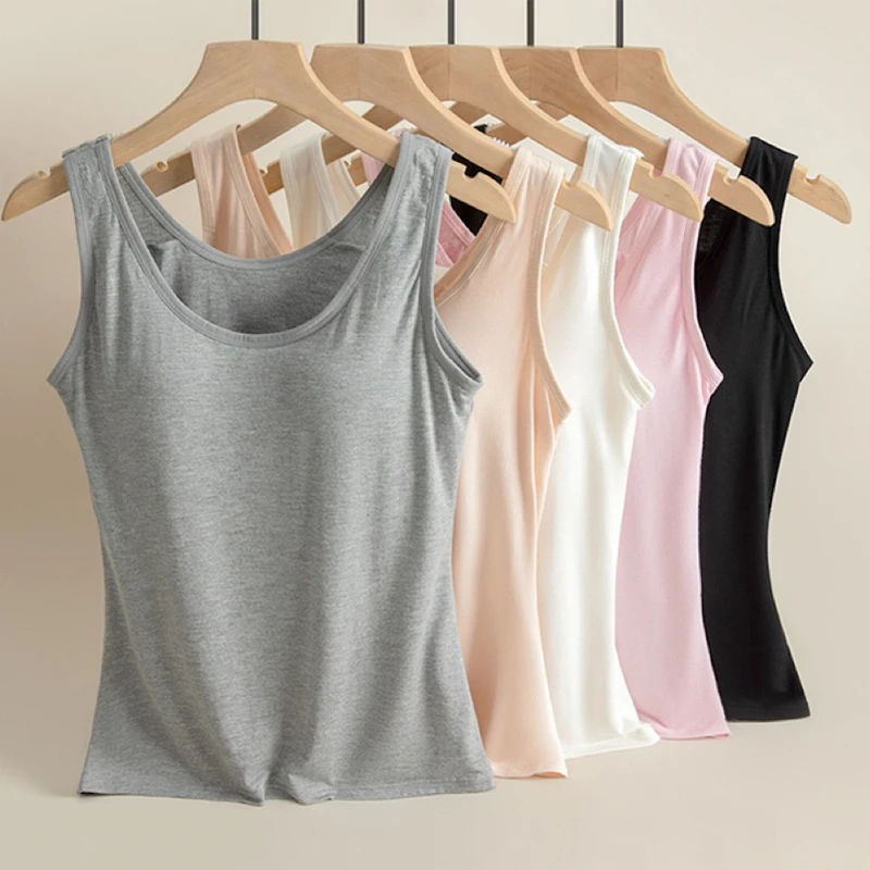 1pcs Women's Vest Tops Round Neck Vests Solid Color Padded Slim Fit Tank Tops Sexy Feminino Casual Tank Tops With Built In Bras 2