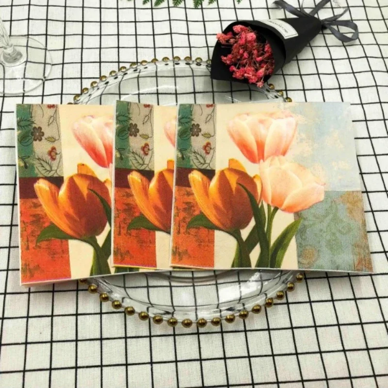 20pcs/pac 2-Ply Paper Napkins, Tissue Paper Decoration, Colourful Printed Tulip Flower Wedding Party Folded