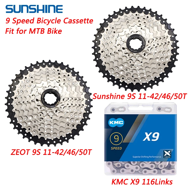 

SUNSHINE 9 Speed Cassette Sprocket for MTB Bike ZEOT 11-42/46/50T HG Flywheel Chain KMC X9 116 Links for Shimano SRAM