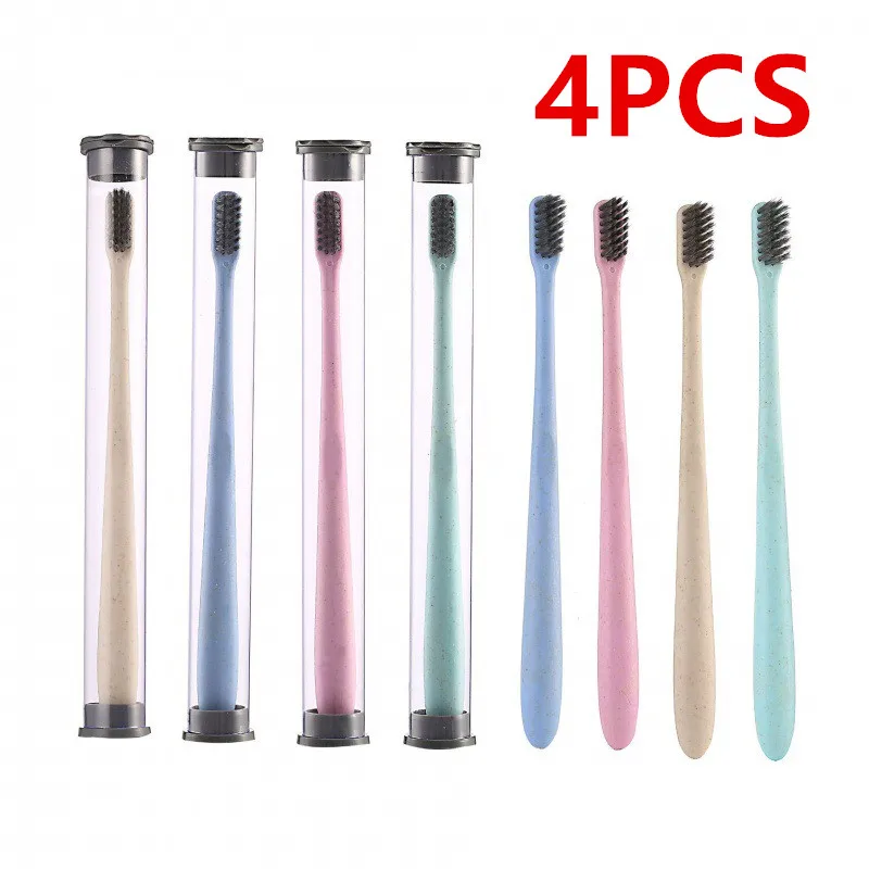 

4PCS wheat straw soft bristles toothbrush Nano Binchotan carbon black charcoal brush family pack hospitality travel