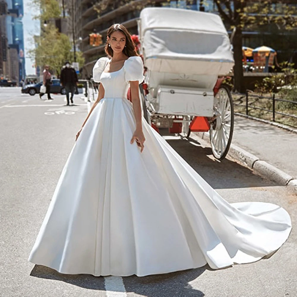 SoDigne Boho Satin A-Line Wedding Dress 2022 Elegant Short Puff Sleeves Square Neck Women Princess Bridal Gown Customized 12 S49adc8b01c6847f5be386b8f9331fbca5