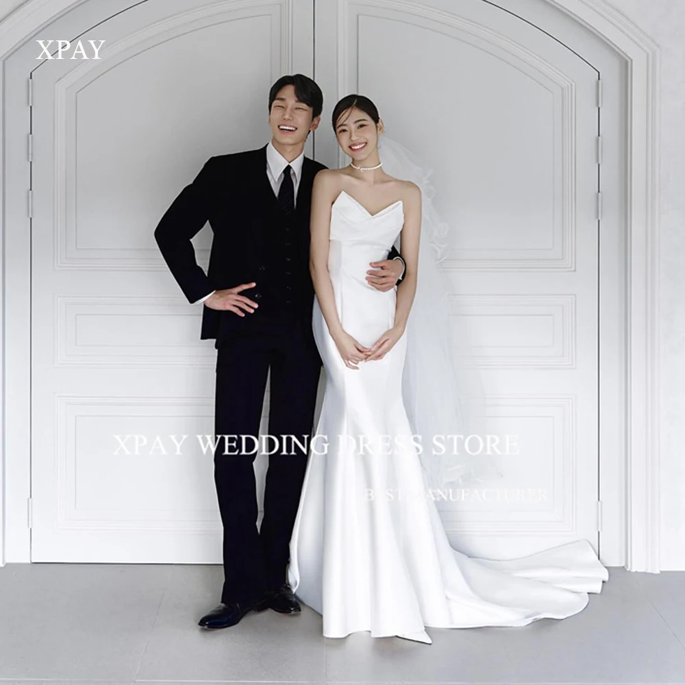 

XPAY Simple Stretch Satin Mermaid Wedding Dresses Korea V Neck Sleeveless Sweep Train Bridal Gowns Corset Back Women Custom Mad