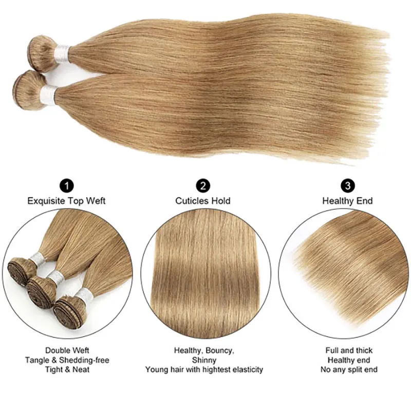 Color #8 Ash Blonde 3/4 Bundles Straight Double Weft Human Hair Bundles Brazilian Remy Hair Weave Extension 10-26 Inches