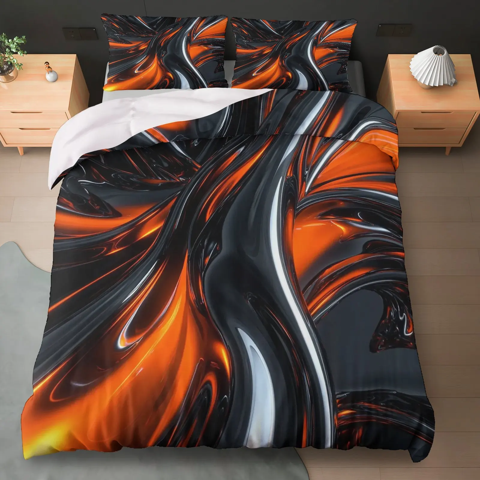 3Pcs Modern Abstract Black Orange Duvet Cover Set, Halloween Theme Bedding with Pillowcases for Bedroom Living Room Study Hotel