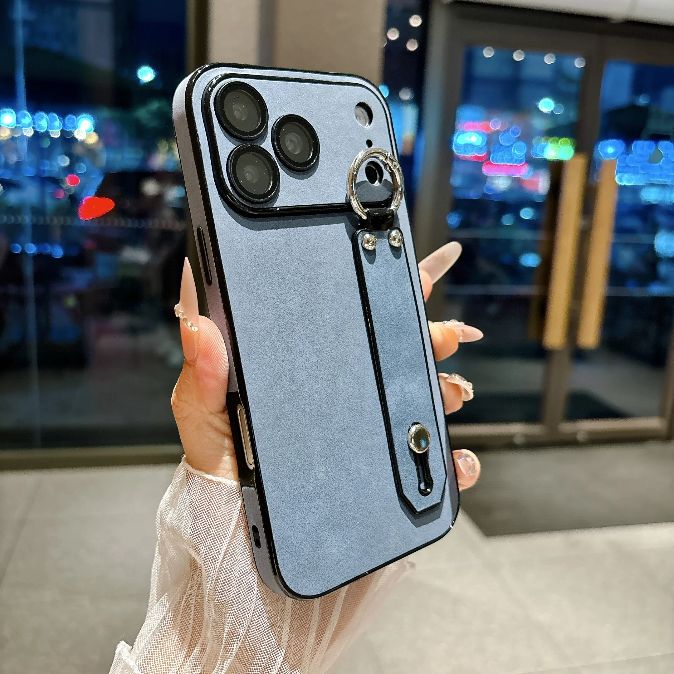 Luxury Matte Sheepskin Leather Phone Case with Bracket and Wrist Strap
