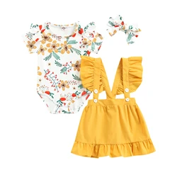 Costume d'été à manches courtes pour bébés filles, 3 pièces, motif Floral, à boutons pression, à volants, bretelles plissées, ensemble bandeau à nœud 