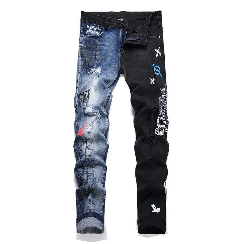 

Mcikkny Hip Hop Men Ripped Printed Jeans Pants Slim Fit Streetwear Harakuju Denim Trousers 2024 Punk Style