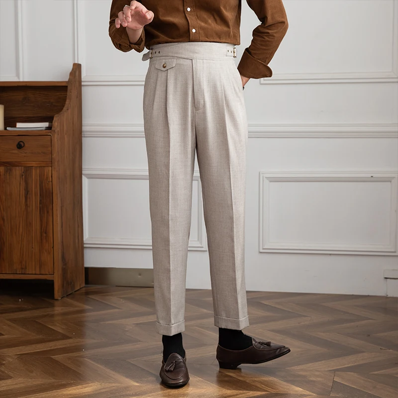 Mr. Deer San Early Autumn Gurkha High Waist Straight Pants Retro Petty High Texture Double Pleated Casual Pants Trendy Men 3