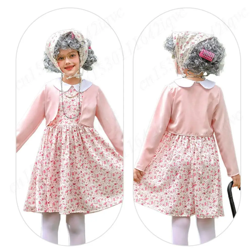 100 Days Old Lady Costume Cosplay Set 100 Days of School Costume Wig Accessories Grandma Outfit Old Lady Dress Up for Girls